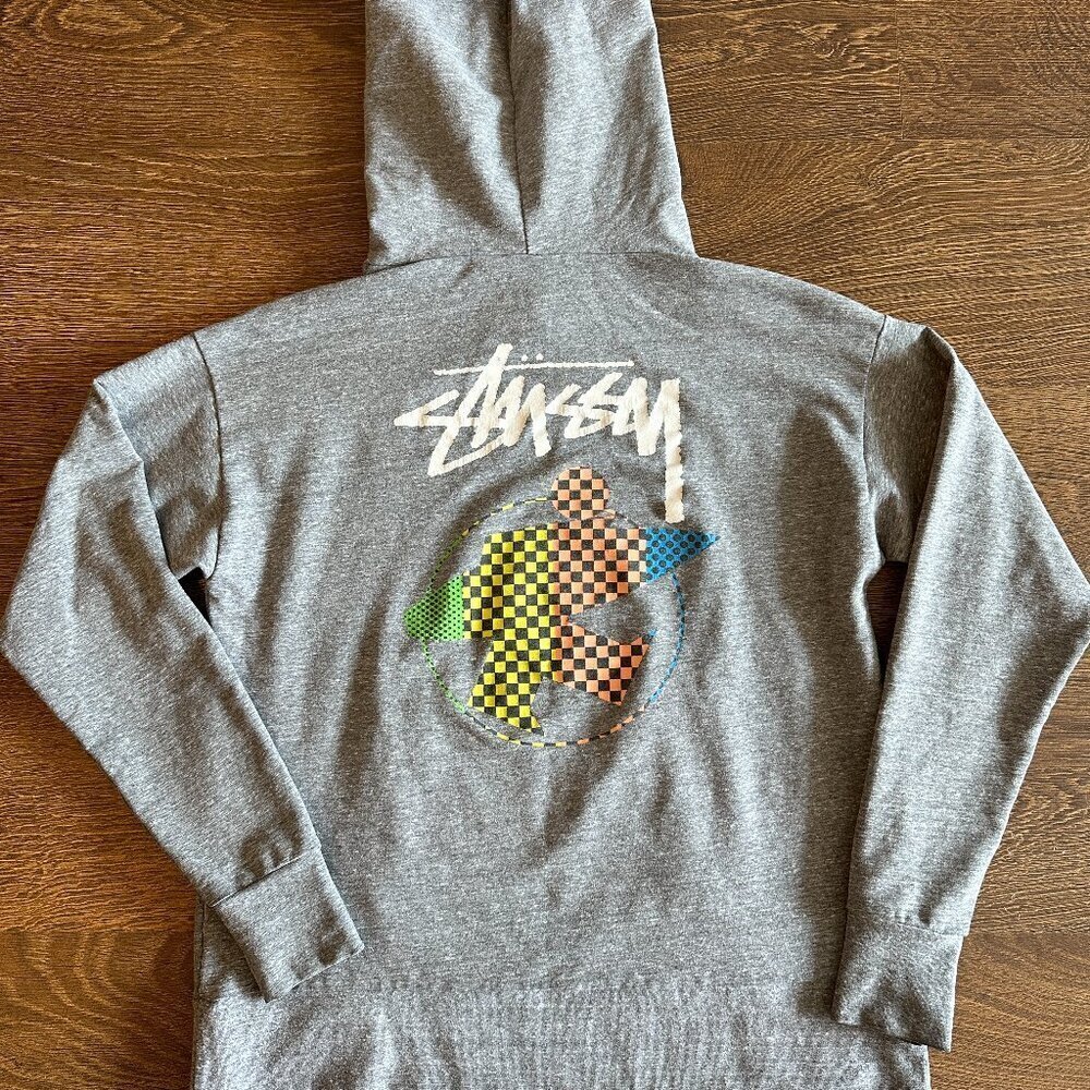 Vintage Stussy Gray Hoodie with Surf Back Graphic - Size S